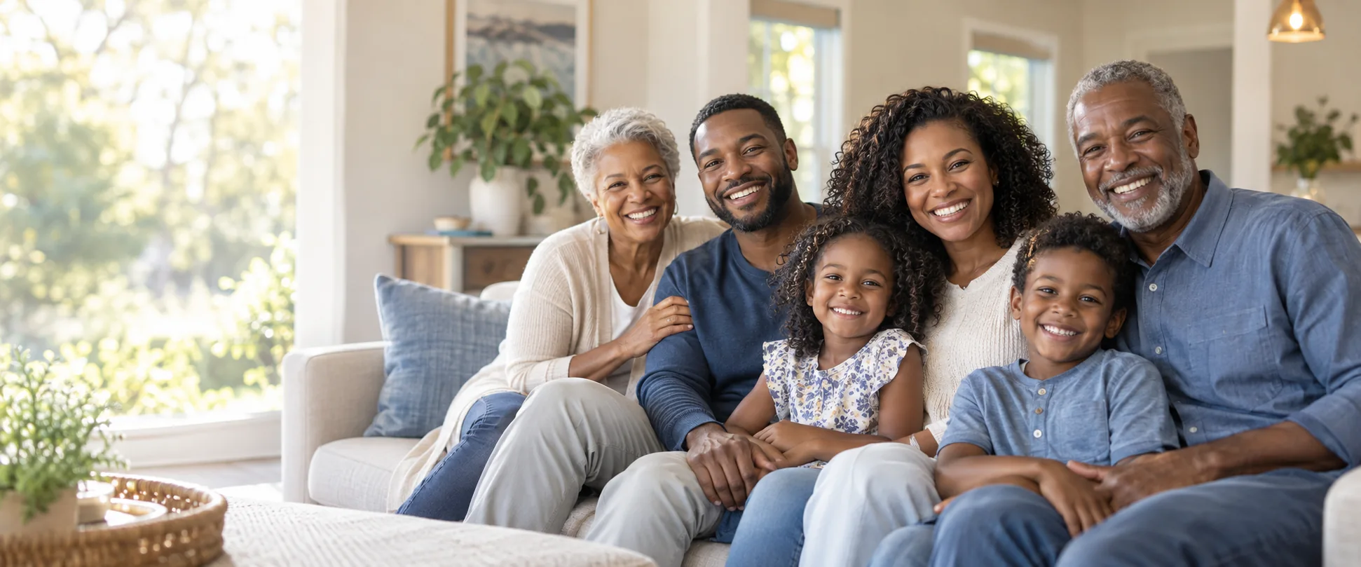 Illustrative family smiling together at home